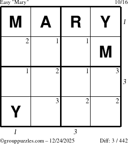 The grouppuzzles.com Easy Mary puzzle for Wednesday December 24, 2025, suitable for printing, with all 3 steps marked