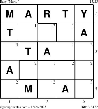 The grouppuzzles.com Easy Marty puzzle for Wednesday December 24, 2025 with all 3 steps marked