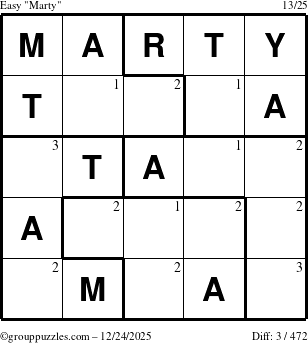 The grouppuzzles.com Easy Marty puzzle for Wednesday December 24, 2025 with the first 3 steps marked