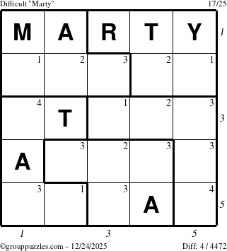 The grouppuzzles.com Difficult Marty puzzle for Wednesday December 24, 2025 with all 4 steps marked