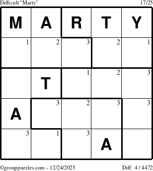 The grouppuzzles.com Difficult Marty puzzle for Wednesday December 24, 2025 with the first 3 steps marked