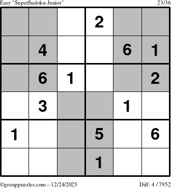 The grouppuzzles.com Easy SuperSudoku-Junior puzzle for Wednesday December 24, 2025
