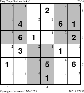 The grouppuzzles.com Easy SuperSudoku-Junior puzzle for Wednesday December 24, 2025 with all 4 steps marked