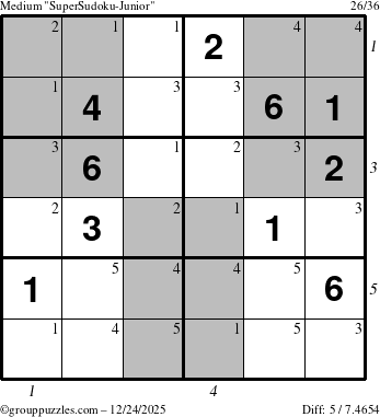 The grouppuzzles.com Medium SuperSudoku-Junior puzzle for Wednesday December 24, 2025 with all 5 steps marked