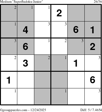 The grouppuzzles.com Medium SuperSudoku-Junior puzzle for Wednesday December 24, 2025 with the first 3 steps marked