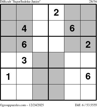The grouppuzzles.com Difficult SuperSudoku-Junior puzzle for Wednesday December 24, 2025
