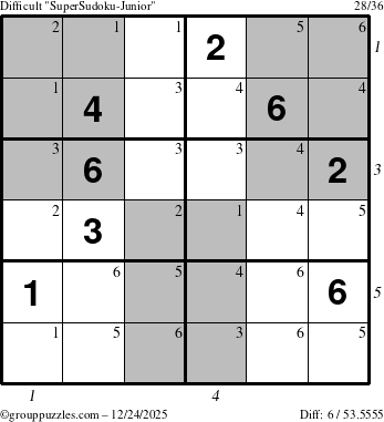 The grouppuzzles.com Difficult SuperSudoku-Junior puzzle for Wednesday December 24, 2025 with all 6 steps marked