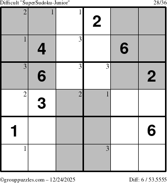 The grouppuzzles.com Difficult SuperSudoku-Junior puzzle for Wednesday December 24, 2025 with the first 3 steps marked