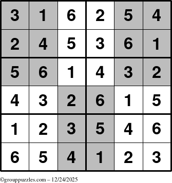 The grouppuzzles.com Answer grid for the SuperSudoku-Junior puzzle for Wednesday December 24, 2025