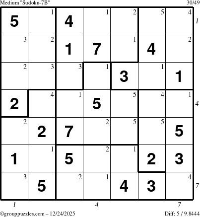 The grouppuzzles.com Medium Sudoku-7B puzzle for Wednesday December 24, 2025, suitable for printing, with all 5 steps marked