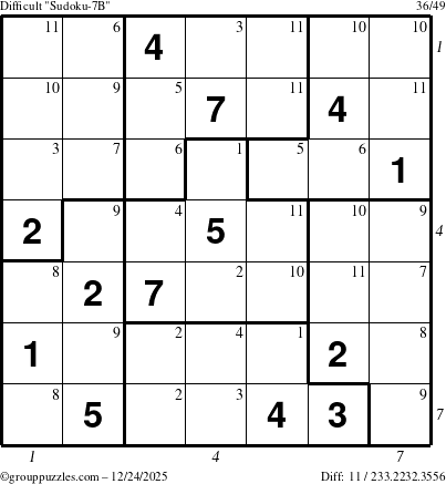 The grouppuzzles.com Difficult Sudoku-7B puzzle for Wednesday December 24, 2025, suitable for printing, with all 11 steps marked