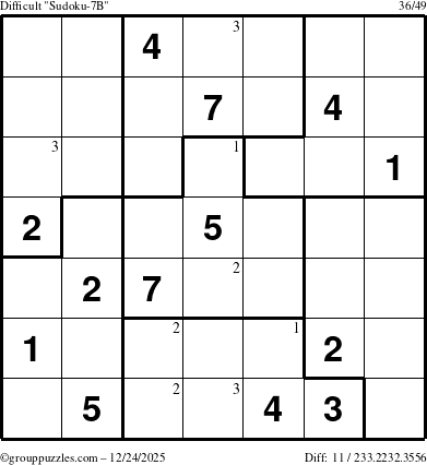 The grouppuzzles.com Difficult Sudoku-7B puzzle for Wednesday December 24, 2025 with the first 3 steps marked