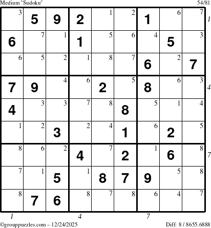 The grouppuzzles.com Medium Sudoku puzzle for Wednesday December 24, 2025 with all 8 steps marked