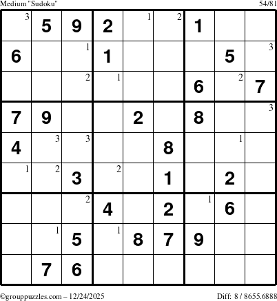 The grouppuzzles.com Medium Sudoku puzzle for Wednesday December 24, 2025 with the first 3 steps marked