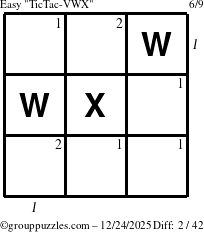 The grouppuzzles.com Easy TicTac-VWX puzzle for Wednesday December 24, 2025 with all 2 steps marked