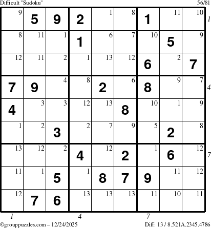 The grouppuzzles.com Difficult Sudoku puzzle for Wednesday December 24, 2025, suitable for printing, with all 13 steps marked