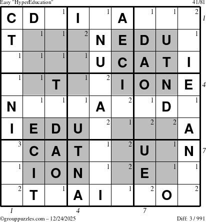 The grouppuzzles.com Easy HyperEducation-i23 puzzle for Wednesday December 24, 2025, suitable for printing, with all 3 steps marked