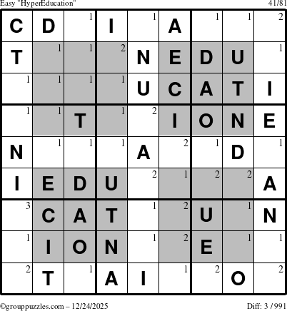 The grouppuzzles.com Easy HyperEducation-i23 puzzle for Wednesday December 24, 2025 with the first 3 steps marked