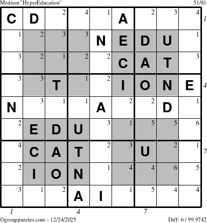 The grouppuzzles.com Medium HyperEducation-i23 puzzle for Wednesday December 24, 2025, suitable for printing, with all 6 steps marked