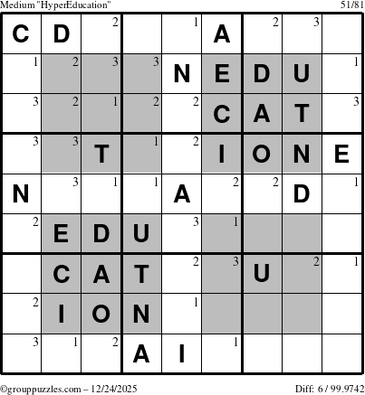 The grouppuzzles.com Medium HyperEducation-i23 puzzle for Wednesday December 24, 2025 with the first 3 steps marked