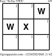 The grouppuzzles.com Easy TicTac-VWX puzzle for Wednesday December 24, 2025 with the first 2 steps marked