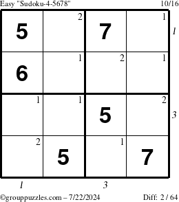 The grouppuzzles.com Easy Sudoku-4-5678 puzzle for Monday July 22, 2024 with all 2 steps marked