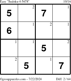 The grouppuzzles.com Easy Sudoku-4-5678 puzzle for Monday July 22, 2024 with the first 2 steps marked