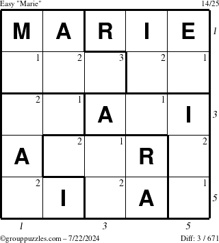 The grouppuzzles.com Easy Marie puzzle for Monday July 22, 2024 with all 3 steps marked