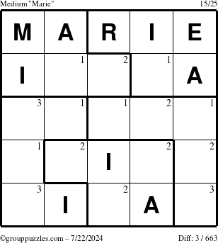 The grouppuzzles.com Medium Marie puzzle for Monday July 22, 2024 with the first 3 steps marked