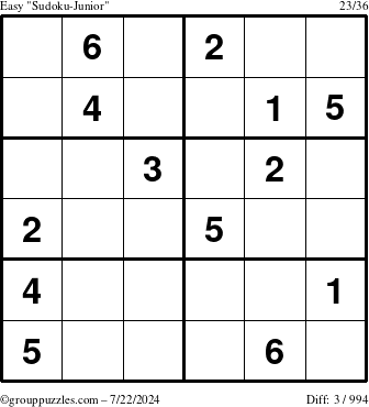 The grouppuzzles.com Easy Sudoku-Junior puzzle for Monday July 22, 2024