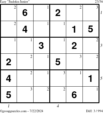 The grouppuzzles.com Easy Sudoku-Junior puzzle for Monday July 22, 2024 with all 3 steps marked