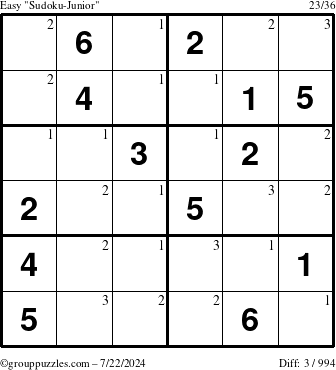 The grouppuzzles.com Easy Sudoku-Junior puzzle for Monday July 22, 2024 with the first 3 steps marked