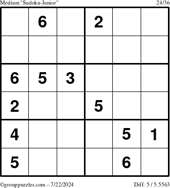 The grouppuzzles.com Medium Sudoku-Junior puzzle for Monday July 22, 2024