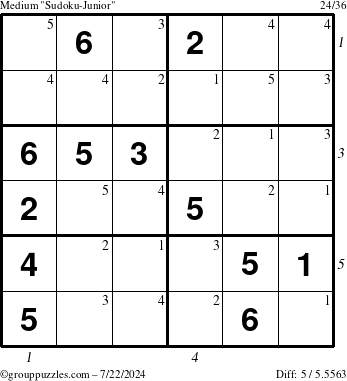 The grouppuzzles.com Medium Sudoku-Junior puzzle for Monday July 22, 2024 with all 5 steps marked