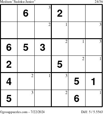 The grouppuzzles.com Medium Sudoku-Junior puzzle for Monday July 22, 2024 with the first 3 steps marked