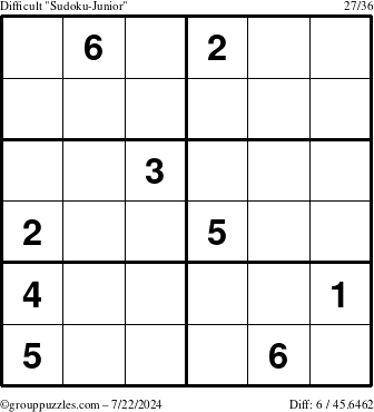 The grouppuzzles.com Difficult Sudoku-Junior puzzle for Monday July 22, 2024