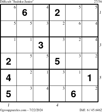 The grouppuzzles.com Difficult Sudoku-Junior puzzle for Monday July 22, 2024 with all 6 steps marked