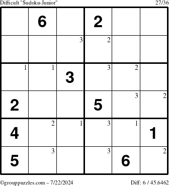 The grouppuzzles.com Difficult Sudoku-Junior puzzle for Monday July 22, 2024 with the first 3 steps marked