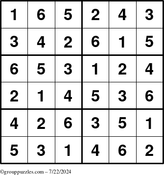 The grouppuzzles.com Answer grid for the Sudoku-Junior puzzle for Monday July 22, 2024