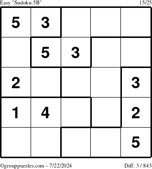 The grouppuzzles.com Easy Sudoku-5B puzzle for Monday July 22, 2024