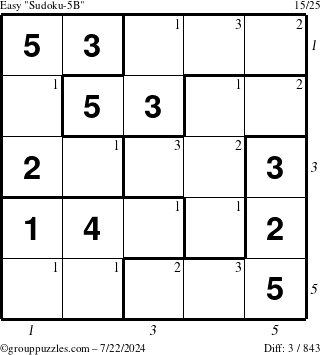 The grouppuzzles.com Easy Sudoku-5B puzzle for Monday July 22, 2024 with all 3 steps marked