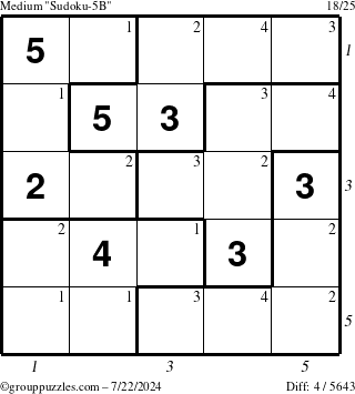 The grouppuzzles.com Medium Sudoku-5B puzzle for Monday July 22, 2024 with all 4 steps marked