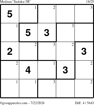 The grouppuzzles.com Medium Sudoku-5B puzzle for Monday July 22, 2024 with the first 3 steps marked