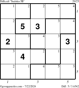 The grouppuzzles.com Difficult Sudoku-5B puzzle for Monday July 22, 2024 with all 5 steps marked