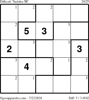 The grouppuzzles.com Difficult Sudoku-5B puzzle for Monday July 22, 2024 with the first 3 steps marked