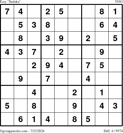 The grouppuzzles.com Easy Sudoku puzzle for Monday July 22, 2024