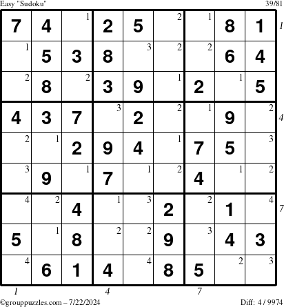 The grouppuzzles.com Easy Sudoku puzzle for Monday July 22, 2024 with all 4 steps marked