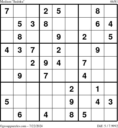 The grouppuzzles.com Medium Sudoku puzzle for Monday July 22, 2024