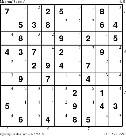 The grouppuzzles.com Medium Sudoku puzzle for Monday July 22, 2024 with all 5 steps marked