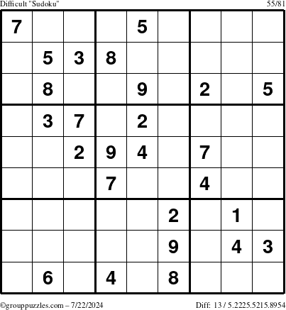 The grouppuzzles.com Difficult Sudoku puzzle for Monday July 22, 2024